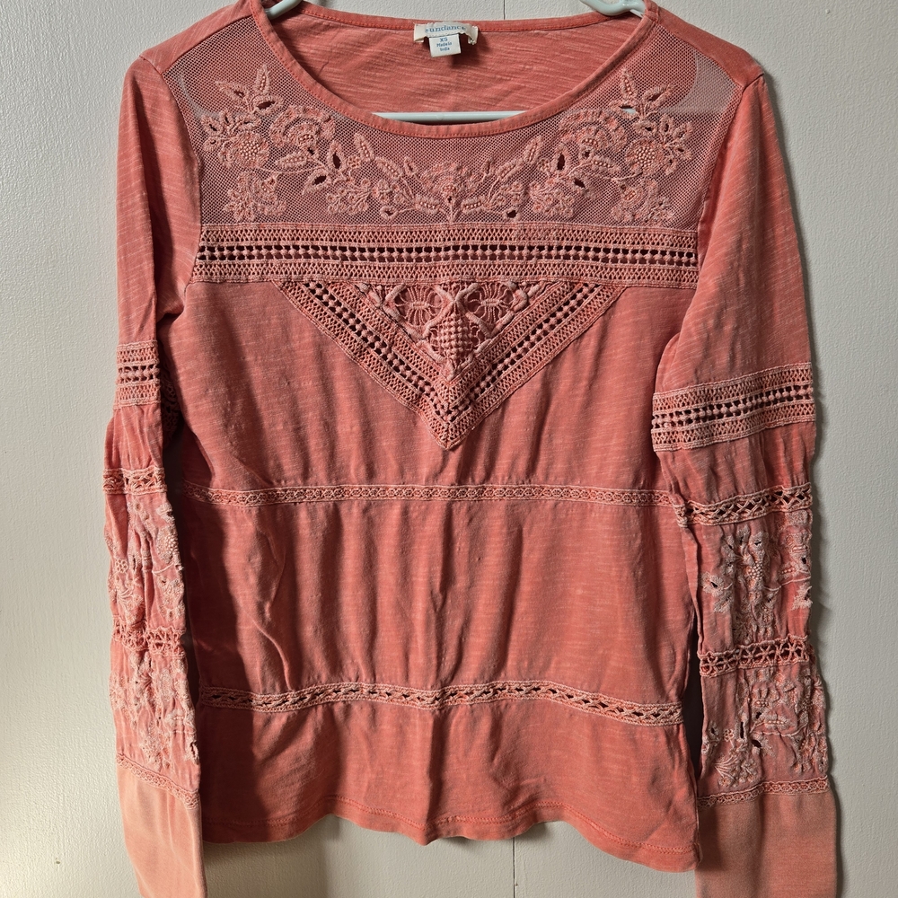 Sundance Coral Lace & Crochet Long Sleeve Top
